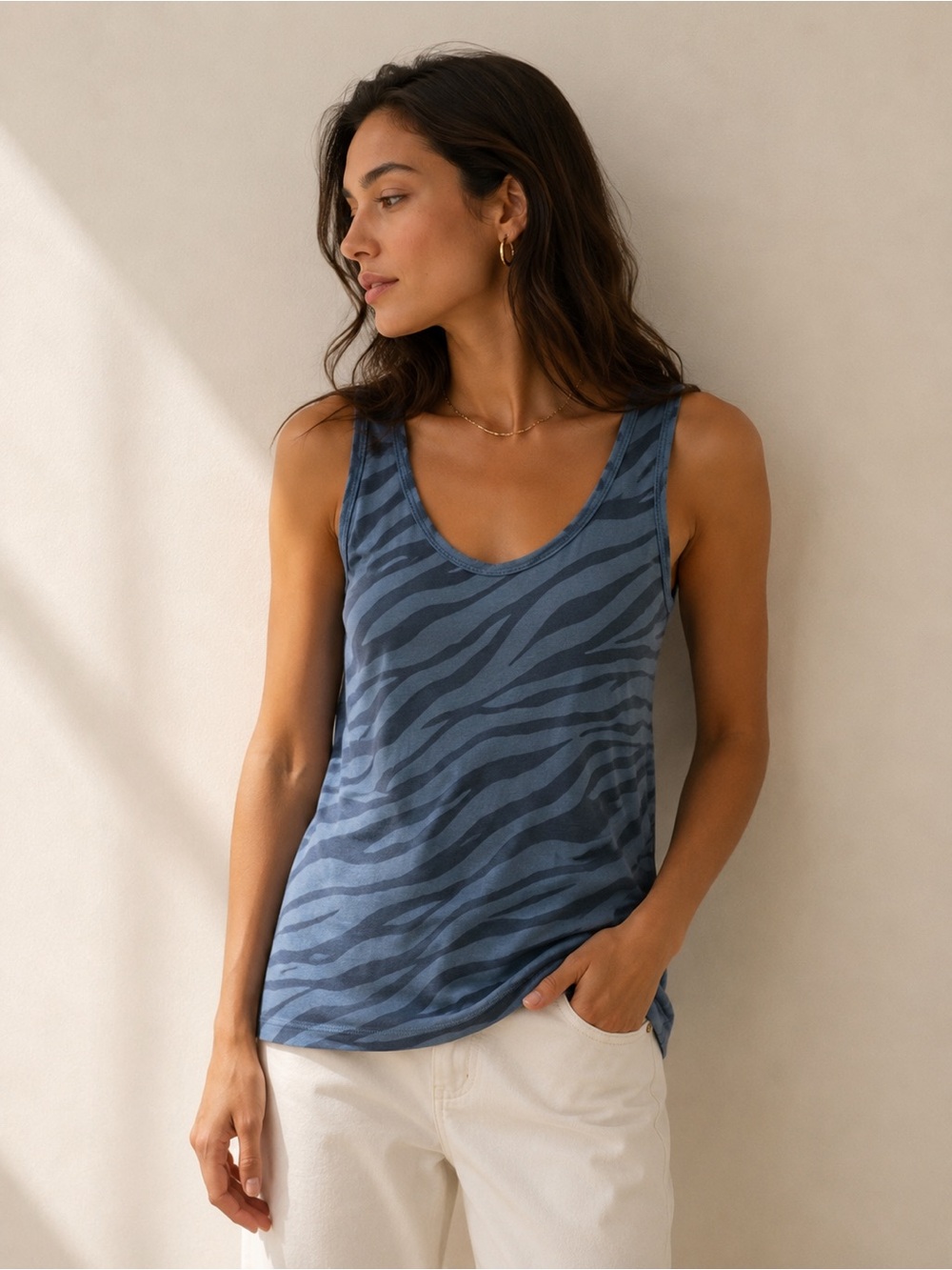 Karen Neuburger Blue Zebra-Print Scoop Neck Cozy Soft Tank Top - Size Small